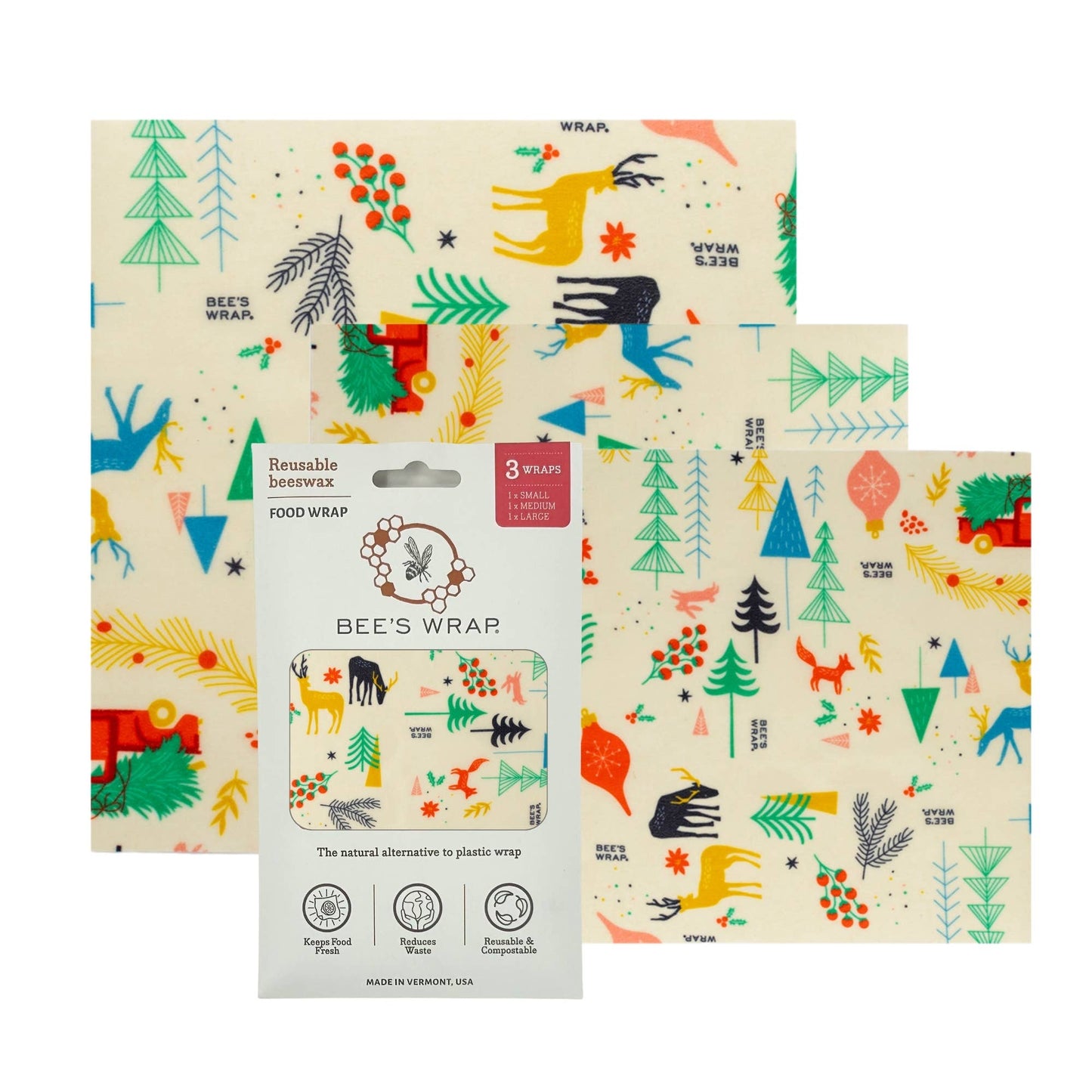 Bee's wax Food Wrap Winter Wonderland Assorted 3 Pack, Reusable Food Wraps