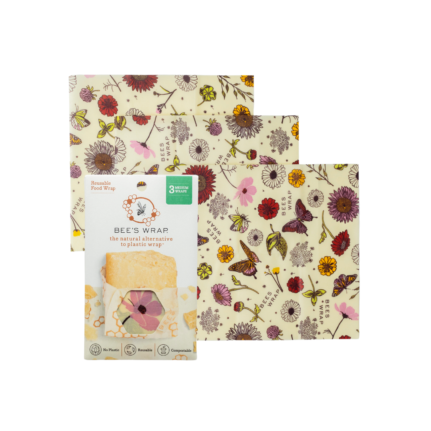 Bee's Wrap Medium 3 Pack - Meadow Magic, Vegan Wax