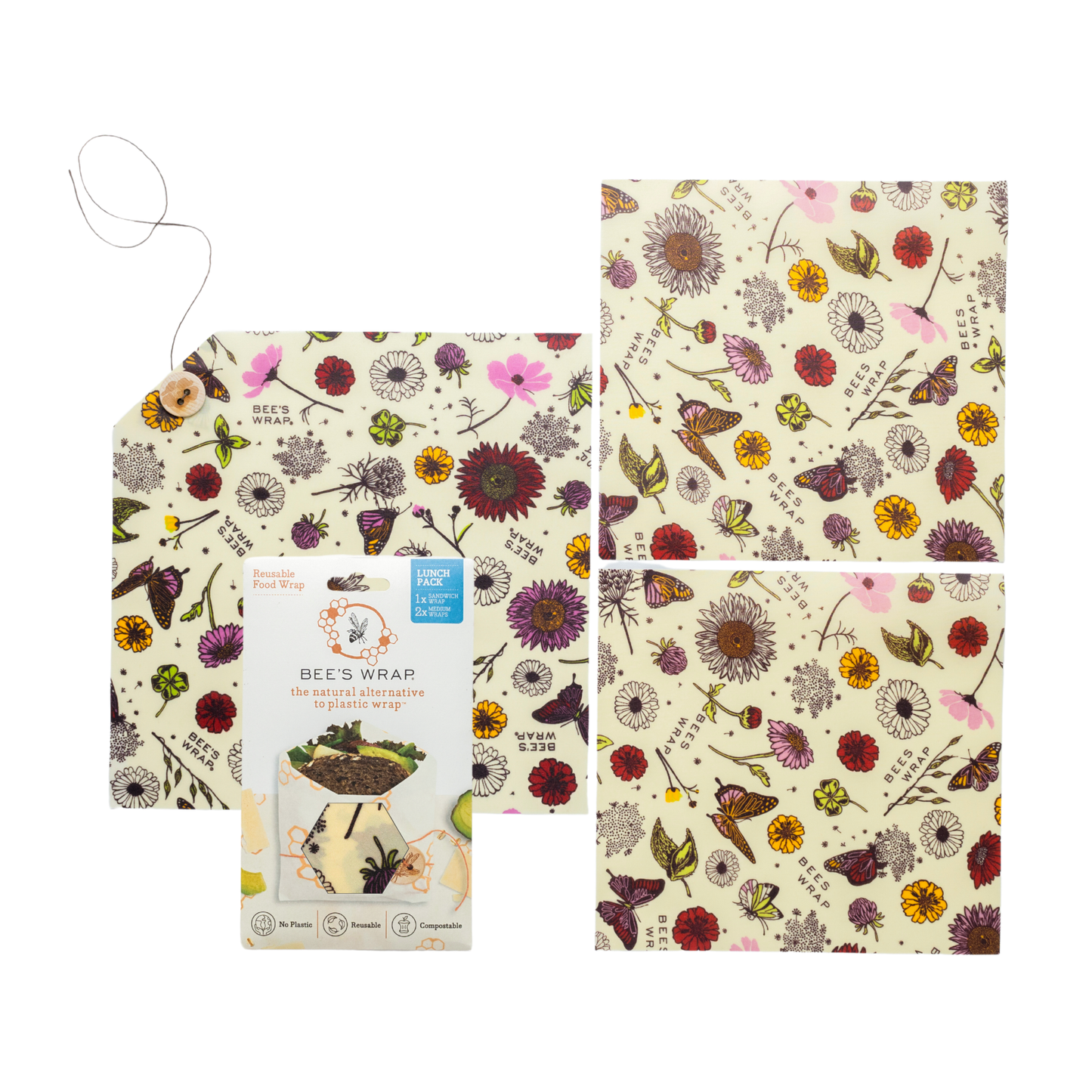 Bee's wax Food Wrap Lunch 3 Pack - Meadow Magic, Vegan Wax Blend