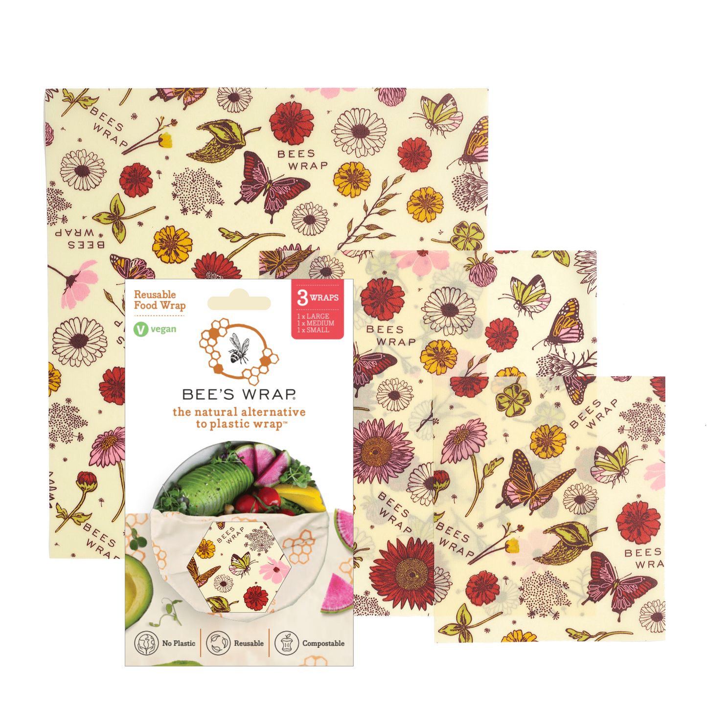 Bee's wax Food Wrap Assorted 3 Pack - Meadow Magic, Plant Based Wax