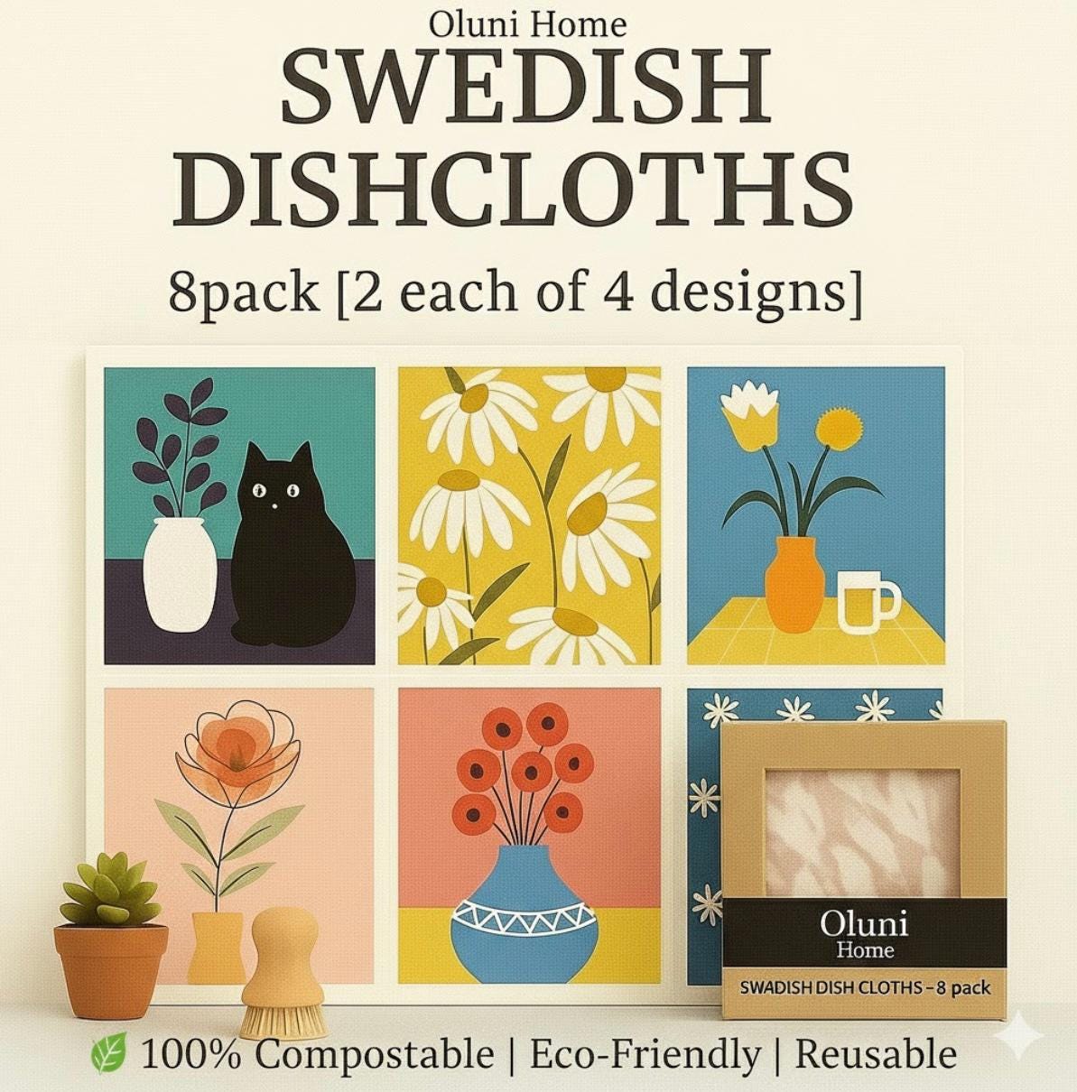 Swedish Dishcloth Set | Cat & Floral Designs, Eco Friendly, Oluni Home